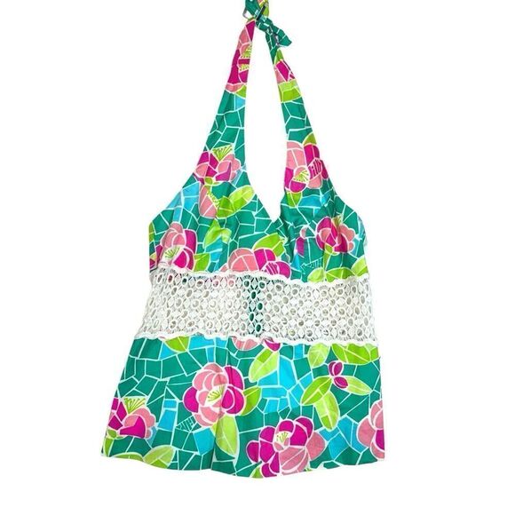 Lilly Pulitzer Floral Mosaic Crochet Cutout White Label Halter Top Eyelet Size 2 - Picture 5 of 7